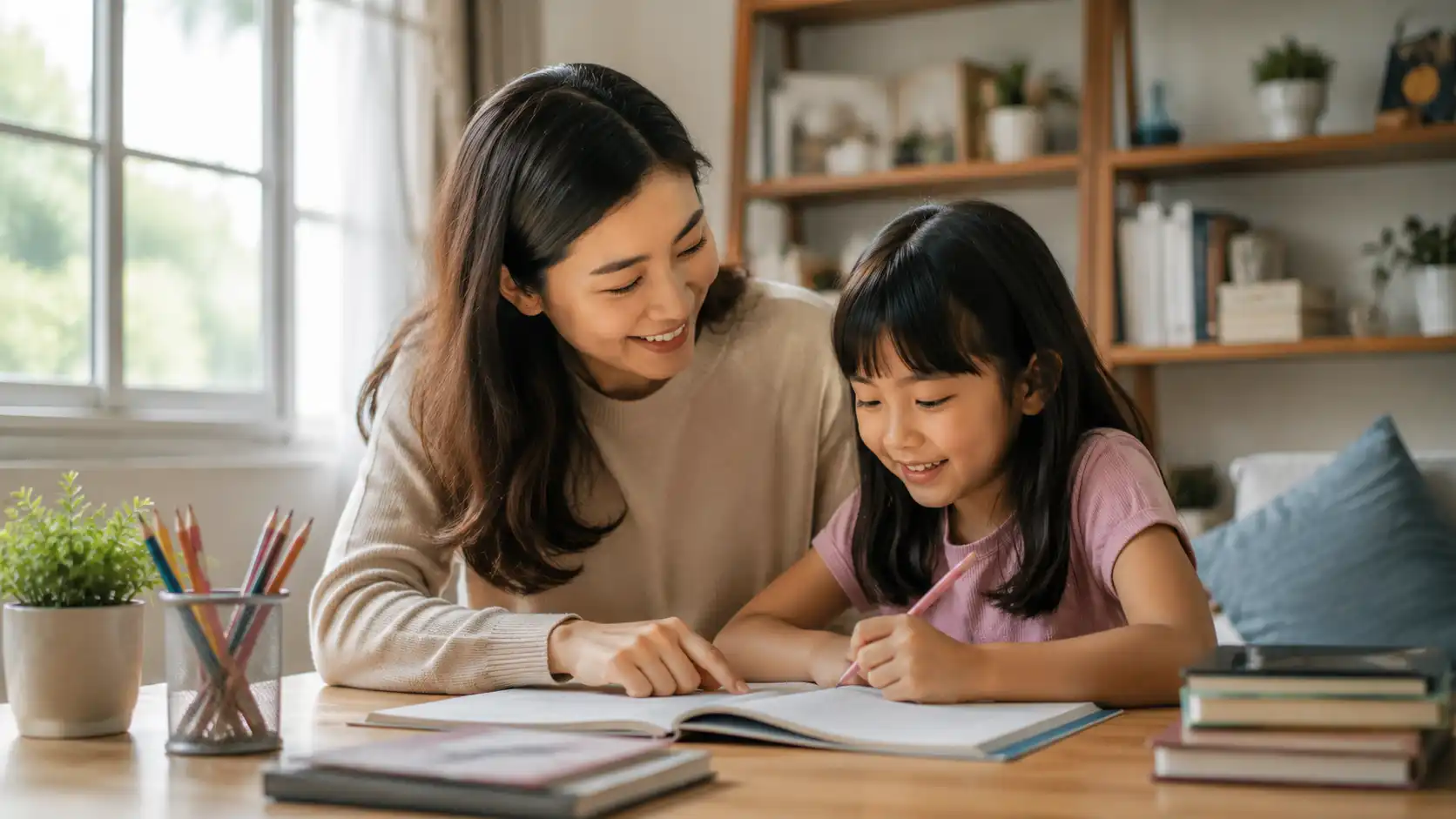 Ibu mendampingi anak belajar sesuai cara belajar dan potensi yang dimiliki.